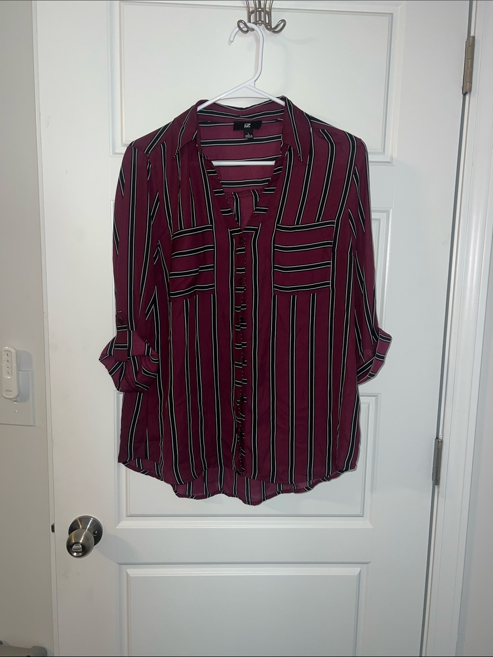 Iz Byer Burgundy Striped Button-Down Blouse